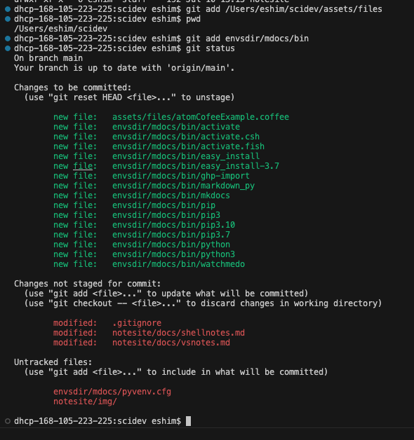 Git Status After Adding assets/files and envsdir/mdocs/bin